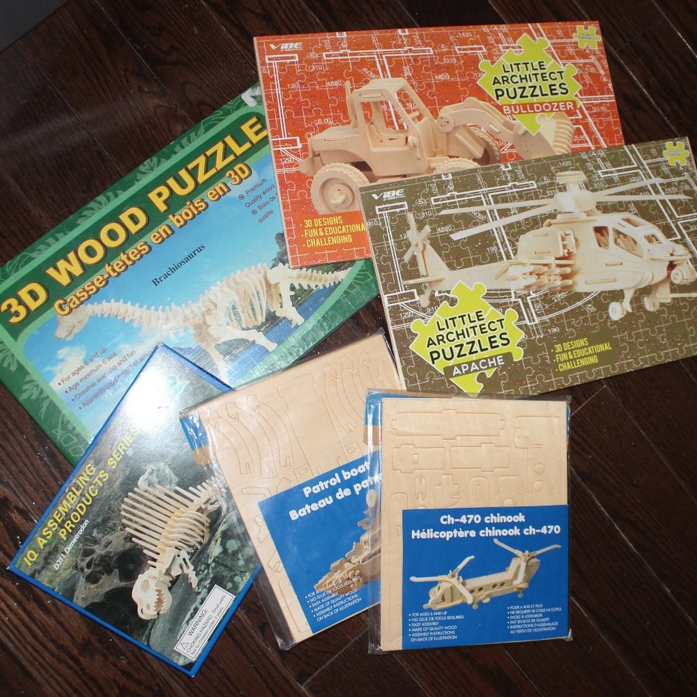 FREE*❤️4xAssorted 3D wooden puzzles Chinook Apache Helicopter Bulldozer